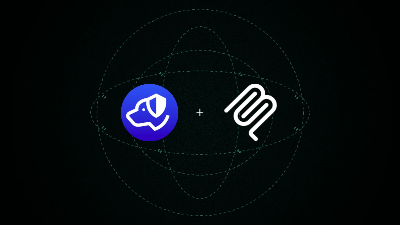 Centered Authdog and Model Context Protocol marks on a grainy teal wash with dashed orbits and satellites