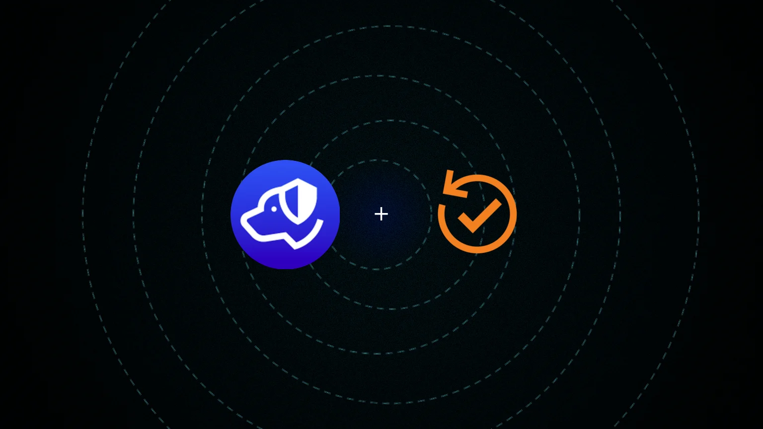 Centered Authdog and Cloudflare Turnstile marks on a grainy cyan wash with dashed off-center rings