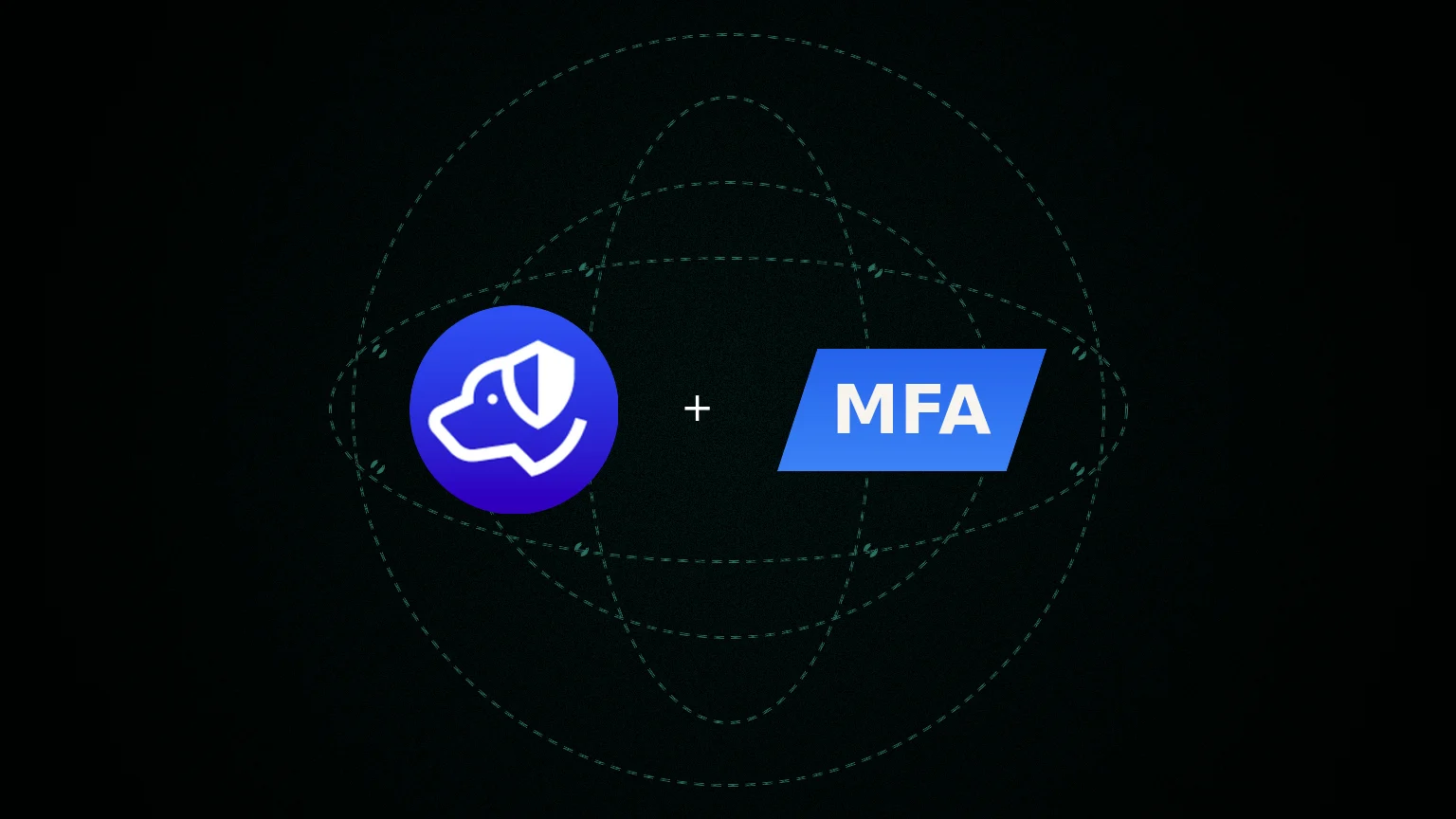 Centered Authdog mark with an angled MFA word plate on a grainy orchid wash with dashed authenticator ticks