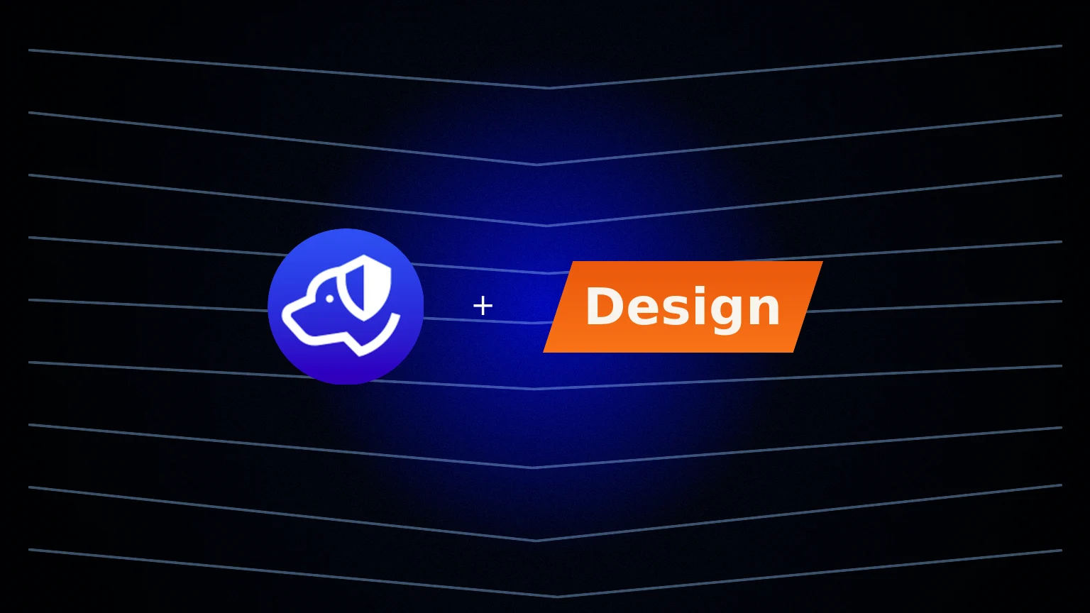 Centered Authdog mark with an angled Designer word plate on a grainy navy wash with split light-dark frames