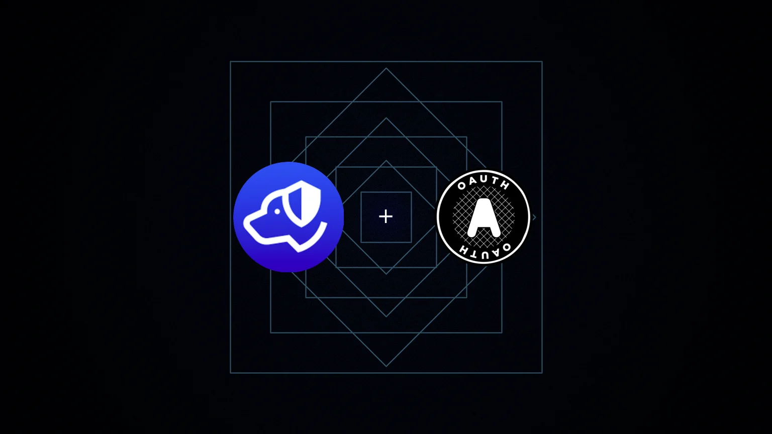 Centered Authdog mark with an angled OIDC word plate on a grainy indigo wash with dashed client cards