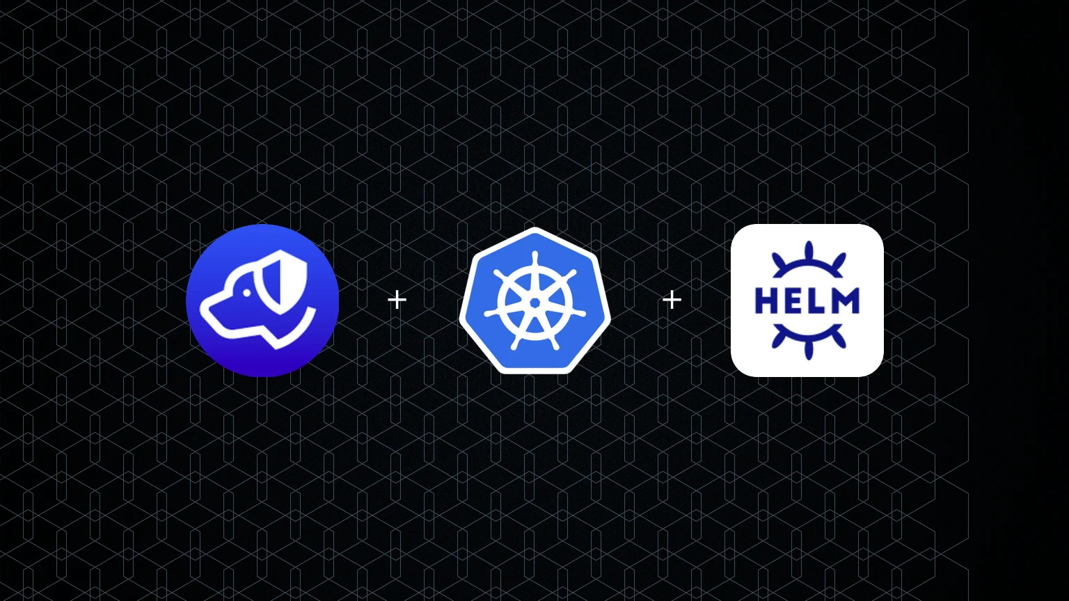 Centered Authdog, Kubernetes, and Helm marks on a grainy steel wash with a hex field