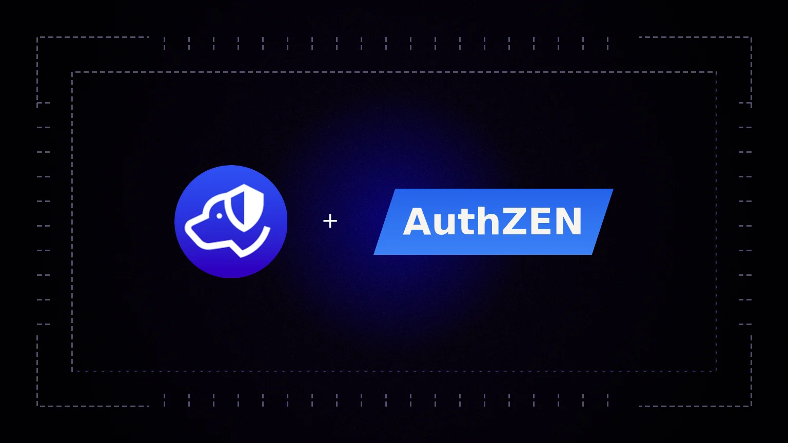 Centered Authdog and OpenID AuthZEN marks on a grainy indigo wash with a dashed permit-deny gate