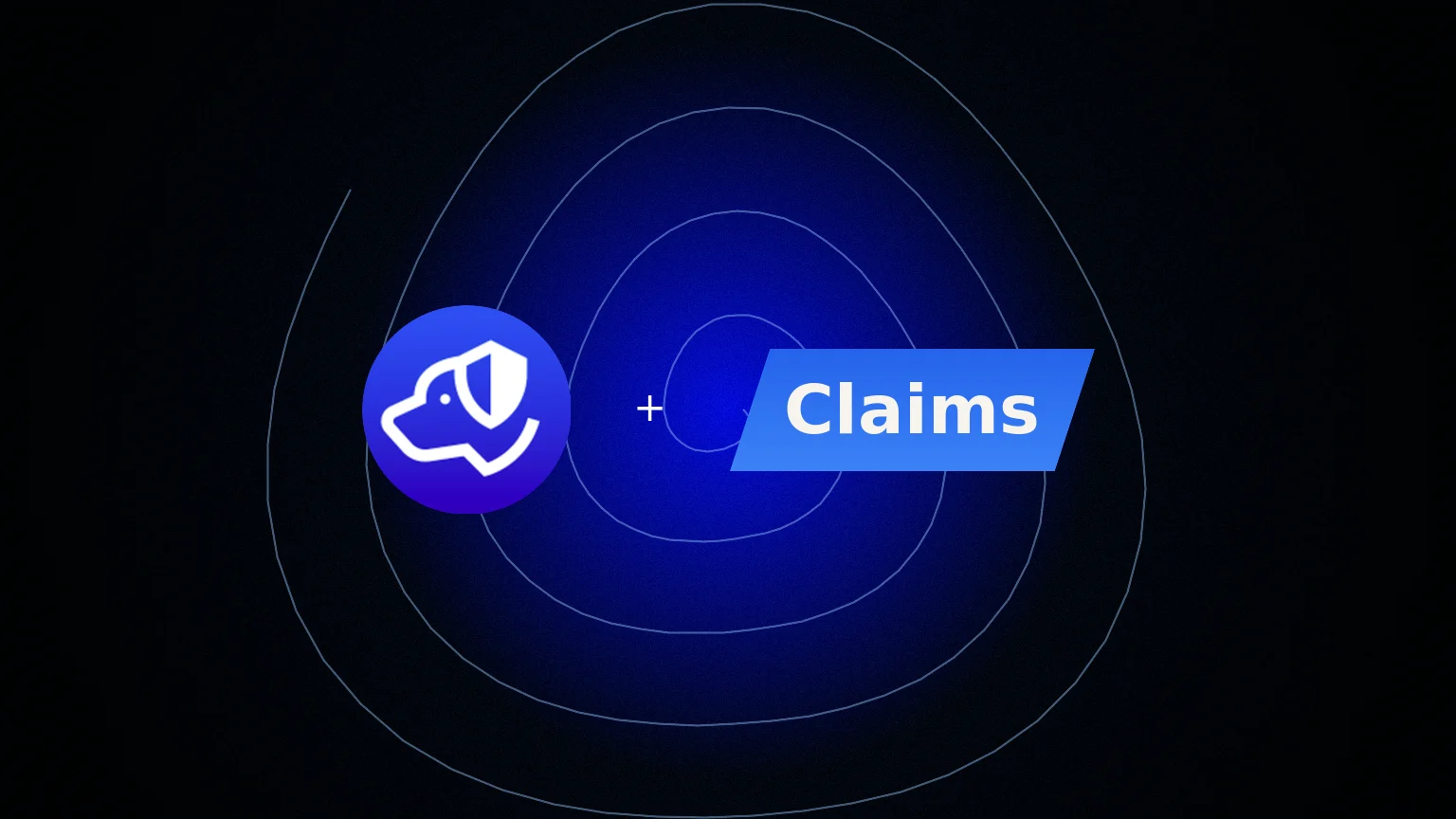 Centered Authdog mark with an angled Claims word plate on a grainy indigo wash with dashed token rings