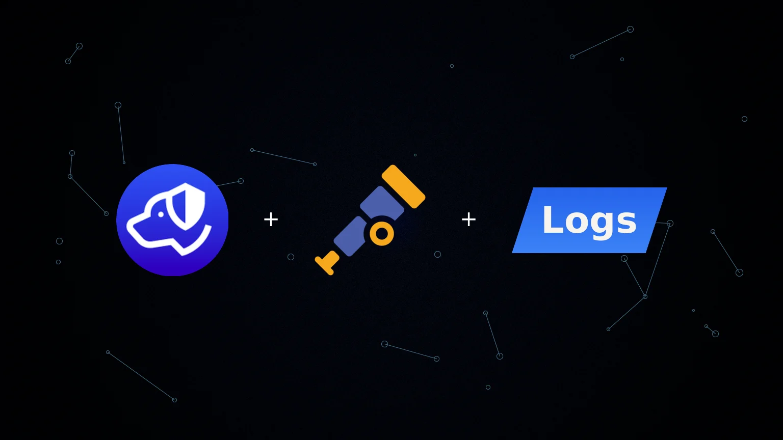 Centered Authdog and OpenTelemetry marks with an angled Logs word plate on a grainy navy wash with a constellation
