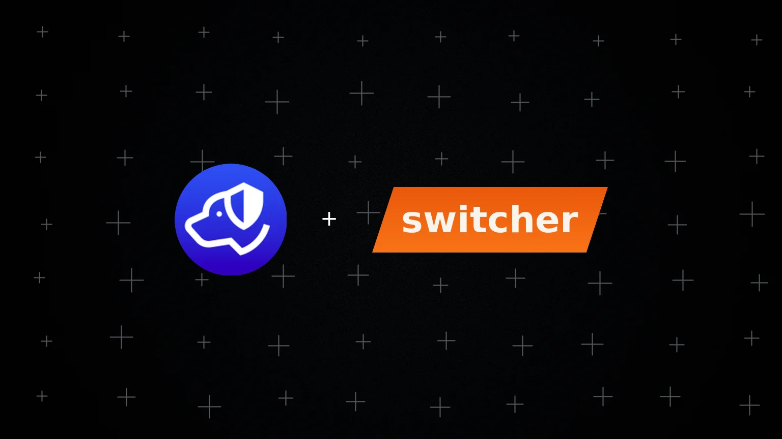 Centered Authdog mark with an angled switcher word plate on a grainy slate wash with a jittered plus grid