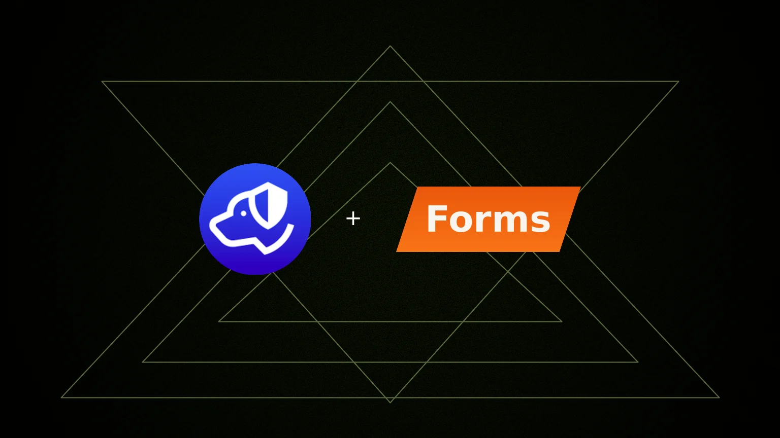 Centered Authdog mark with an angled Forms word plate on a grainy lime wash with nested and inverted triangles