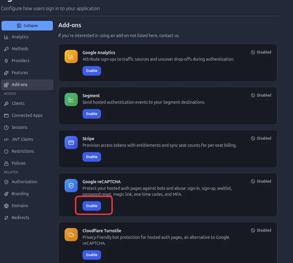 Authentication Add-ons list with Google reCAPTCHA Enable highlighted